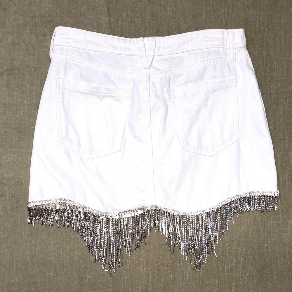 Sterling & Stitch White Denim Mini Skirt Rhinestone Fringe Scallop Hem Size M